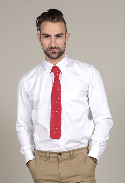 Red pent white shop shirt