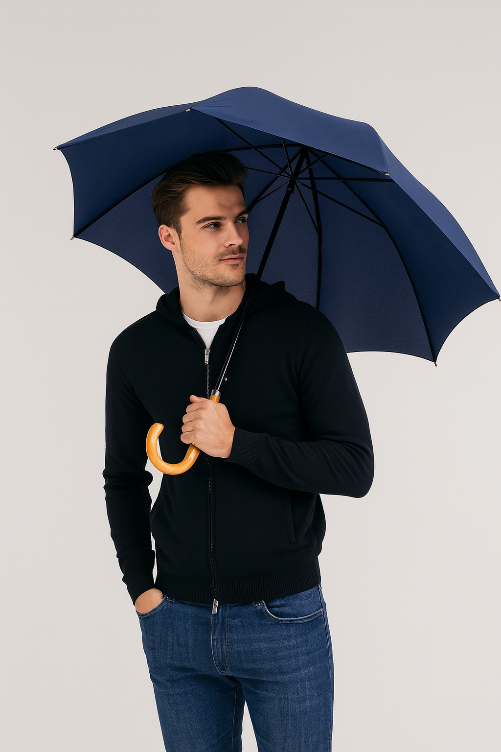 The Cotton® Crook Wooden Handle Umbrella- French Navy The Cotton Crook Wooden Handle Umbrella French Navy