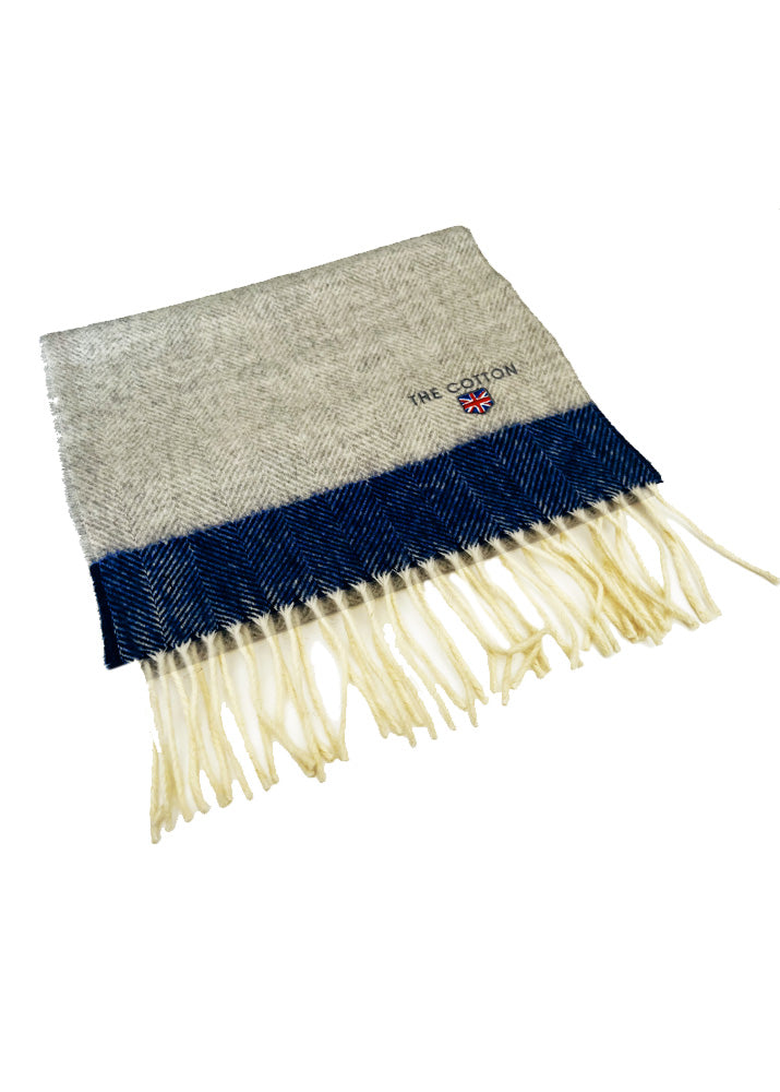 Herringbone Lambswool Fringe Scarf Gray & Navy Blue made in UK scarves for men - grey and blue colour - The Cotton