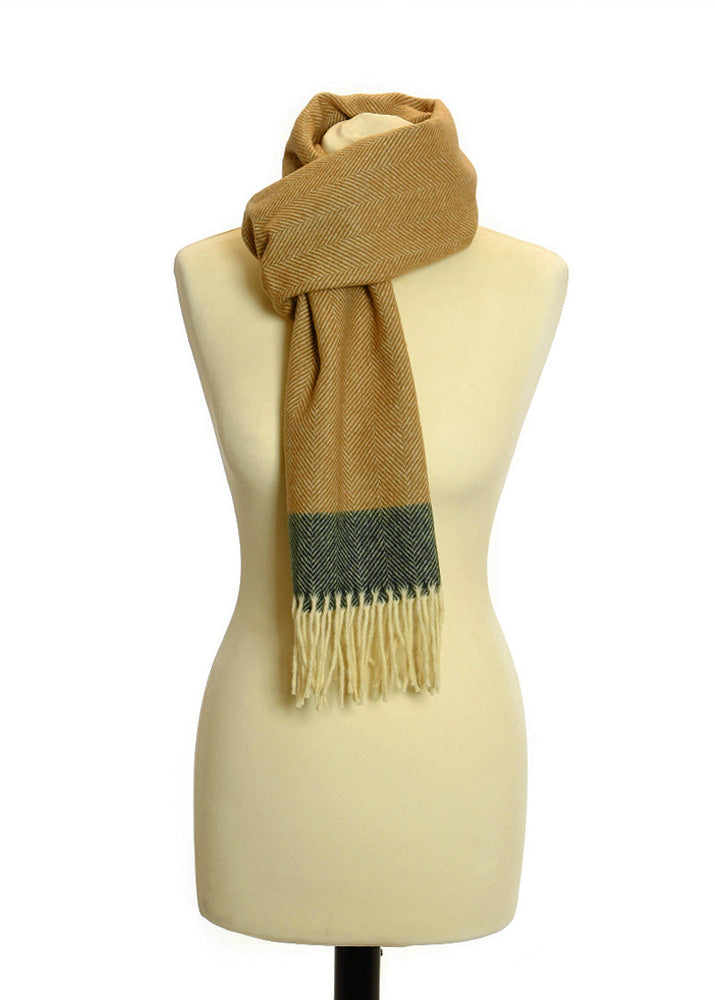 Mustard & Dark Green Herringbone Lambswool Fringe Scarf made in UK scarves for men - mustard and green colour - The Cotton
