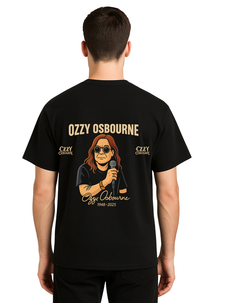 Male model wearing Ozzy Osbourne T-shirt styled with jeans and boots - Back side