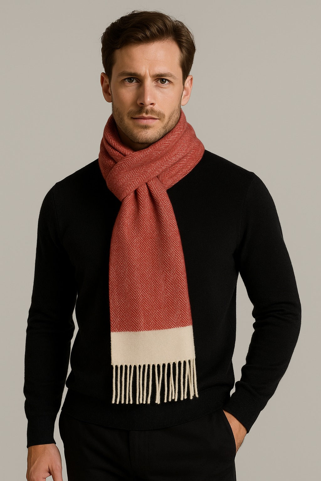 Red & White Herringbone lambswool Fringe Scarf Red & White Herringbone lambswool Fringe Scarf