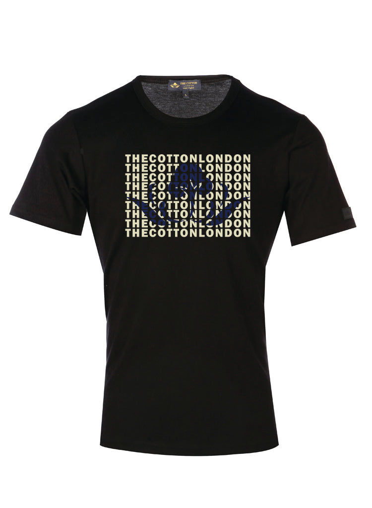 TCL Logo Navy & Black T-shirt The Cotton London's logo printed in navy colour on a Black t-shirt.