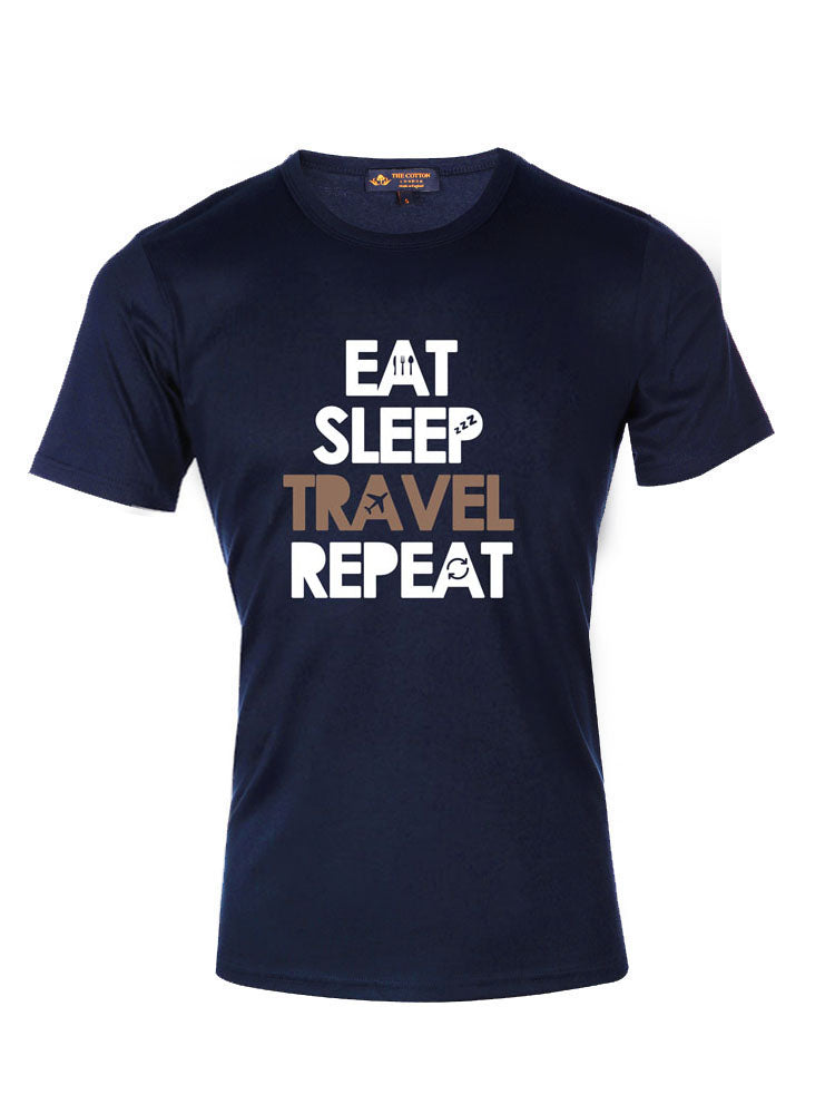 TCL Eat Sleep Travel Repeat Slogan Navy & Taupe T-shirt Supima Cotton Graphic 'Eat Sleep Repeat' Slogan T-shirt
