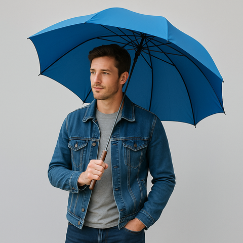 The Cotton® Crook Wooden Handle  Umbrella- French Navy