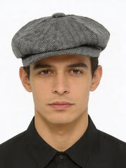 Grey textured herringbone baker boy hat front perspective