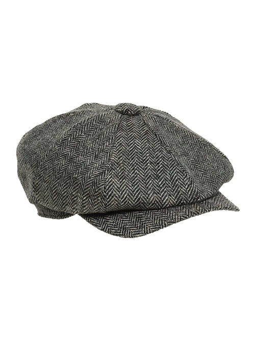 Grey herringbone tweed baker boy hat