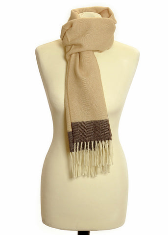 Herringbone Made In England Lambswool Fringe Scarf | sandy Brown