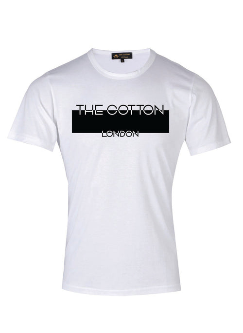 The Cotton London's brand name printed in white & black on a White T-shirt.