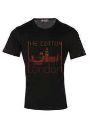 London city silhouettes printed on a cotton Black T-shirt with red accent.