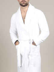 Model wearing luxurious white cotton bathrobe