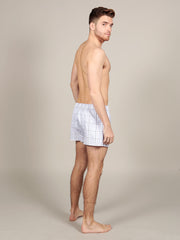 Back view of chequered cotton boxers in black & blue