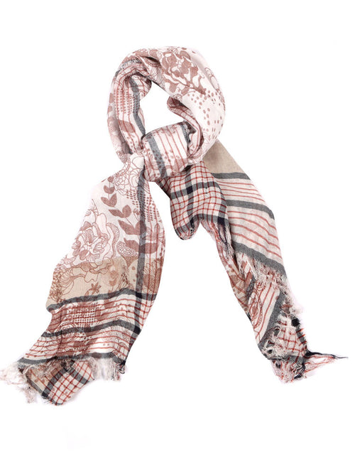 FLORAL COTTON BLEND SCARF – BROWN
