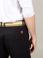 Beige canvas belt with navy chino shorts