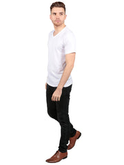 Male model wearing Supima cotton Short Sleeve V Neck - White t-shirt
