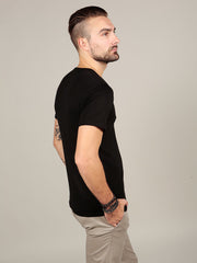 Side view of model wearing Supima cotton t-shirt