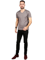 Male model wearing Supima cotton Short Sleeve V Neck - Grey t-shirt