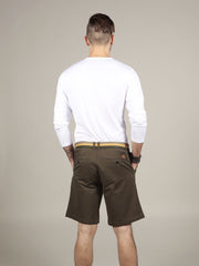 Back view of white cotton t-shirt with chino shorts