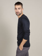 Navy cotton t-shirt with grey chino trousers