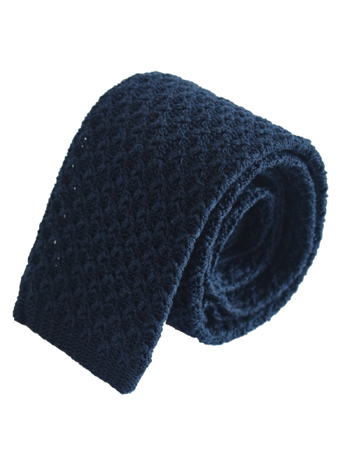 Raised texture open weave plain cotton knitted tie - Navy