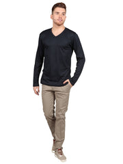 Male model wearing Supima cotton Long Sleeve V Neck - Navy t-shirt