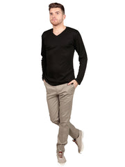 Model wearing Supima cotton Long Sleeve V Neck - Black t-shirt