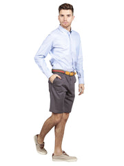 Model wearing slim fit chino shorts in Charcoal grey