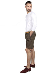 Model wearing slim fit chino shorts in olive green