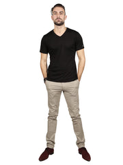 Model wearing Supima cotton Short Sleeve V Neck - Black t-shirt